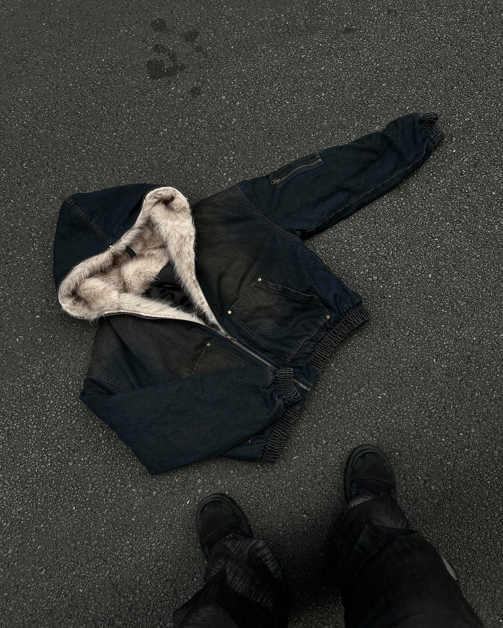 Washed Bomber Jacket with Faux Fur Hood
