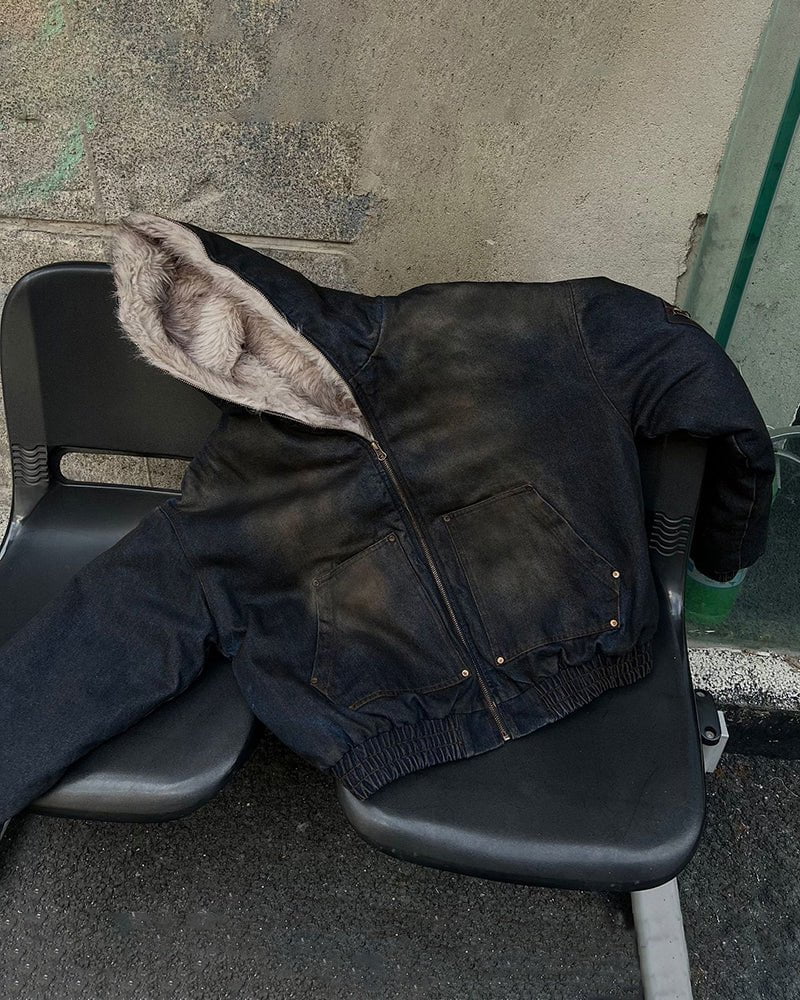 Washed Bomber Jacket with Faux Fur Hood