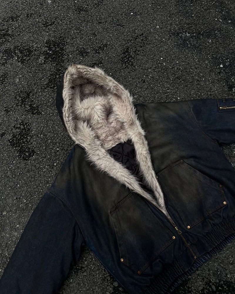 Washed Bomber Jacket with Faux Fur Hood