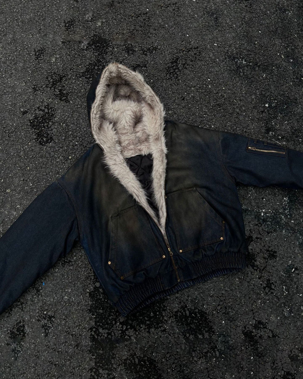 Washed Bomber Jacket with Faux Fur Hood