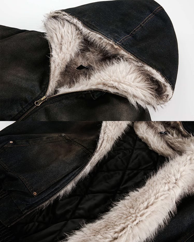Washed Bomber Jacket with Faux Fur Hood