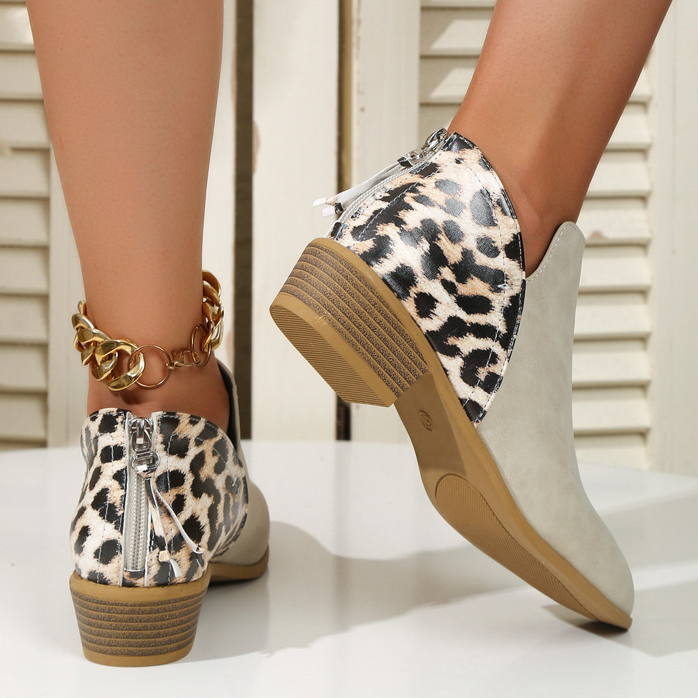 Leopard-Panel Pointed Toe Block Heel Ankle Booties