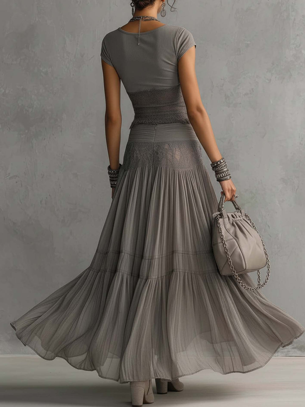 Lace-Panel Pleated Maxi Skirt Set