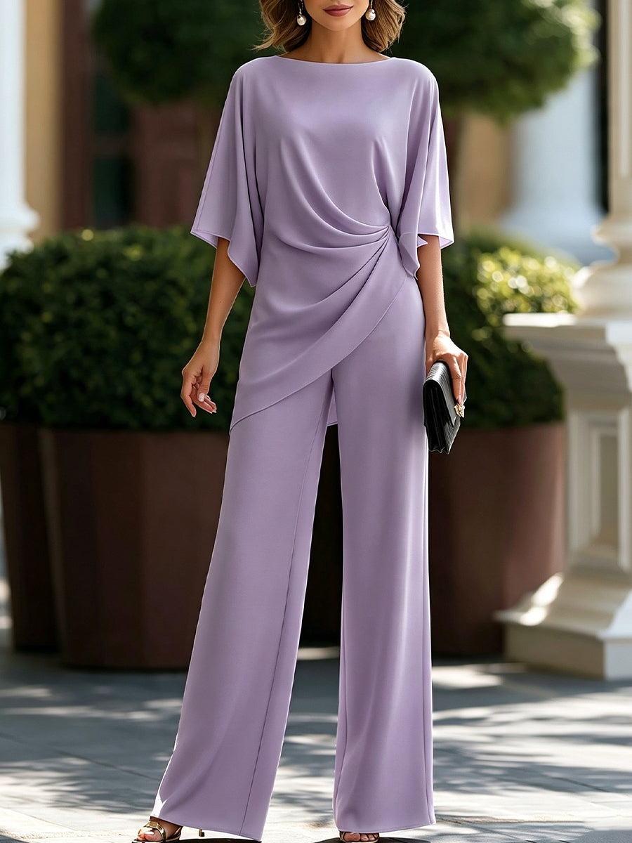 Draped Cape-Sleeve Top and Wide-Leg Pants Set