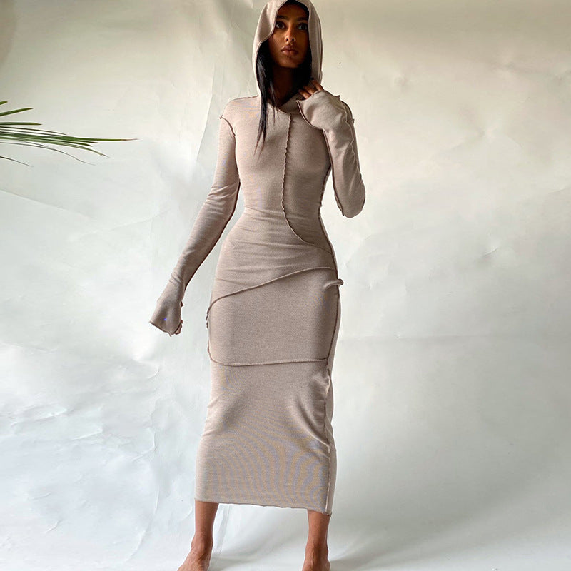 Contrast-Stitch Hooded Bodycon Maxi Dress