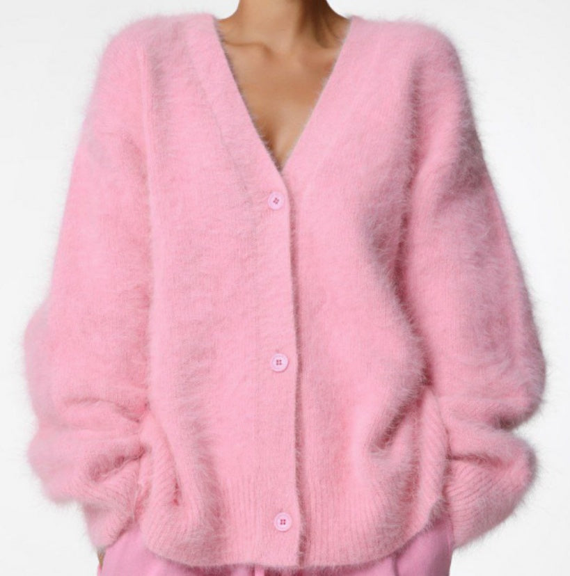 Fuzzy Oversized V-Neck Button Cardigan