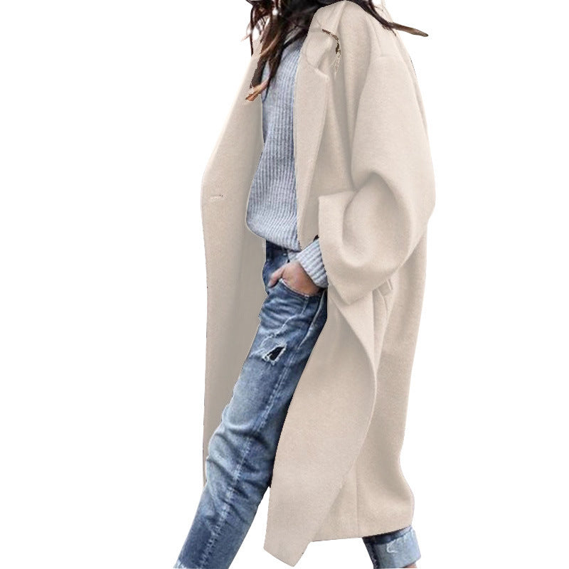 Long Wool-Look Lapel Coat with Pockets