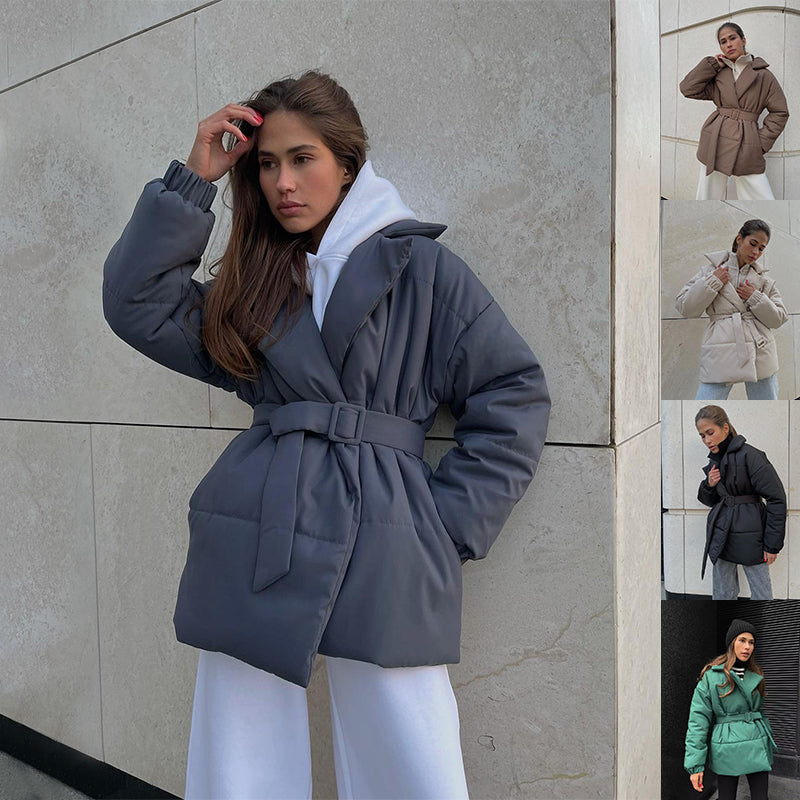 Belted Wrap Puffer Jacket with Lapel Collar
