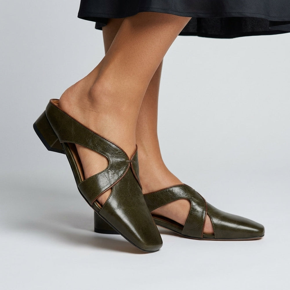 Crossover Cutout Square-Toe Block Heel Mules