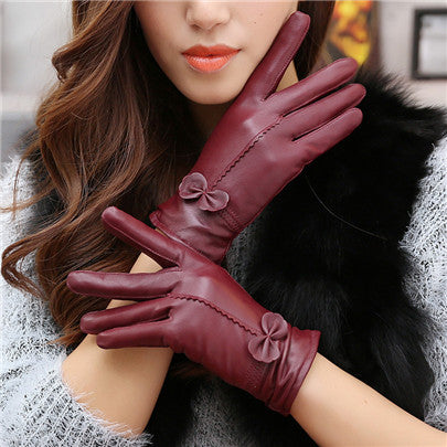 Bow-Trim Leather-Look Winter Gloves