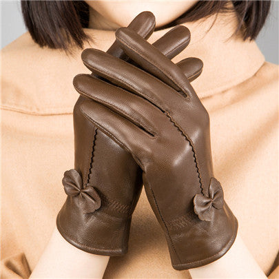 Bow-Trim Leather-Look Winter Gloves