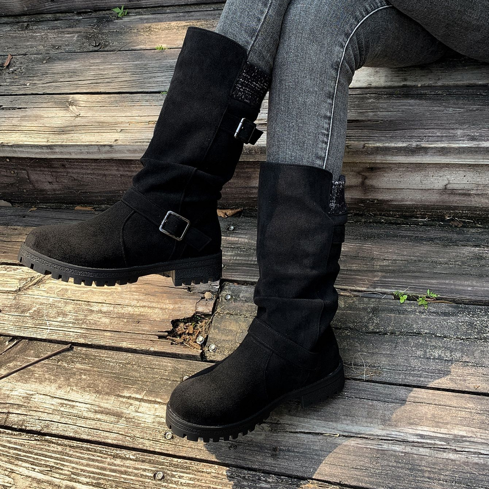 Slouchy Buckle Mid-Calf Boots with Knit Cuff