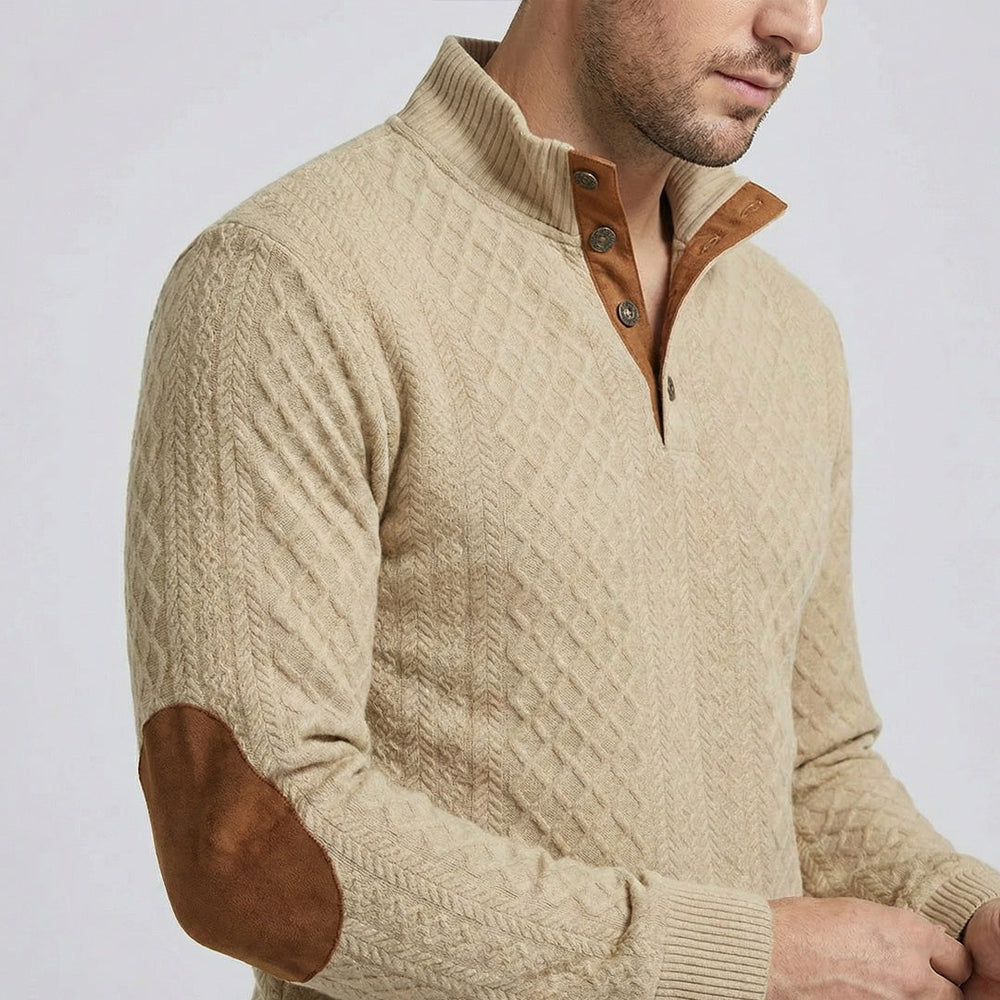 Men's Elbow-Patch Button Mock Neck Sweater