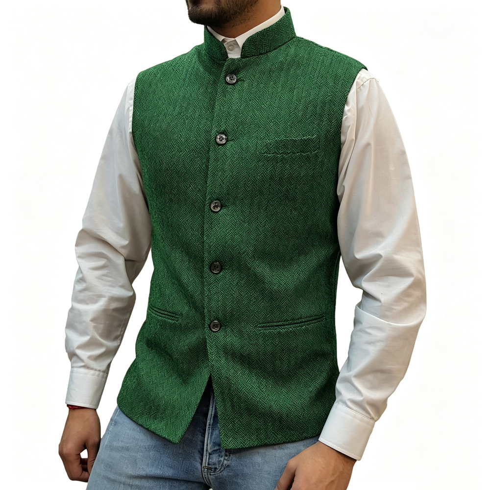 Men's Mandarin Collar Tweed-Style Vest