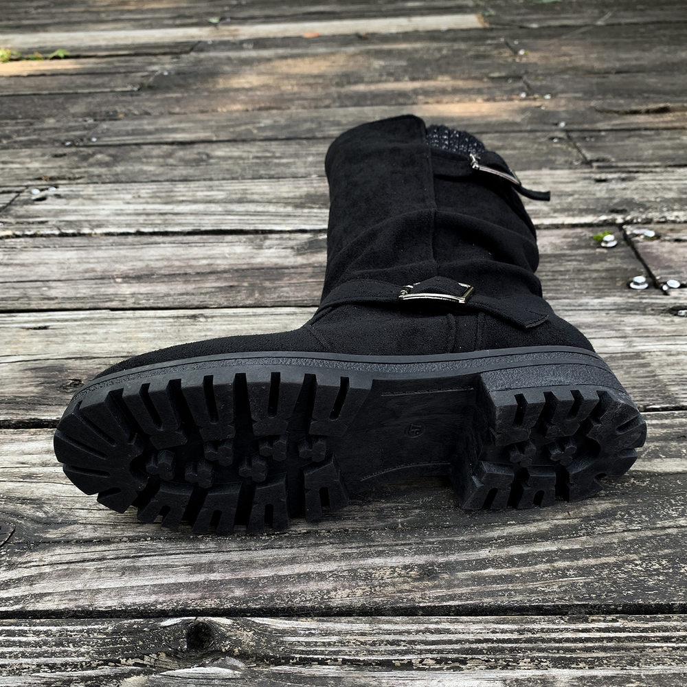 Slouchy Buckle Mid-Calf Boots with Knit Cuff
