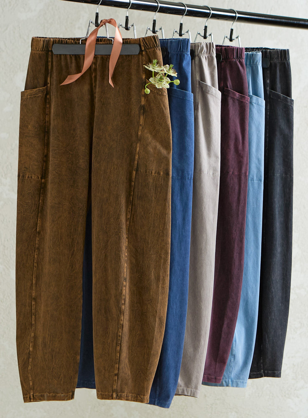 Mineral-Wash Pull-On Barrel Pants with Side Pockets