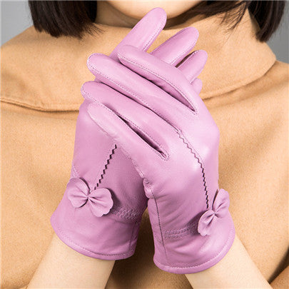 Bow-Trim Leather-Look Winter Gloves