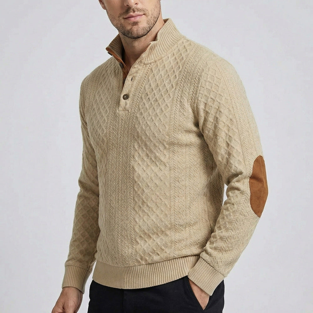 Men's Elbow-Patch Button Mock Neck Sweater