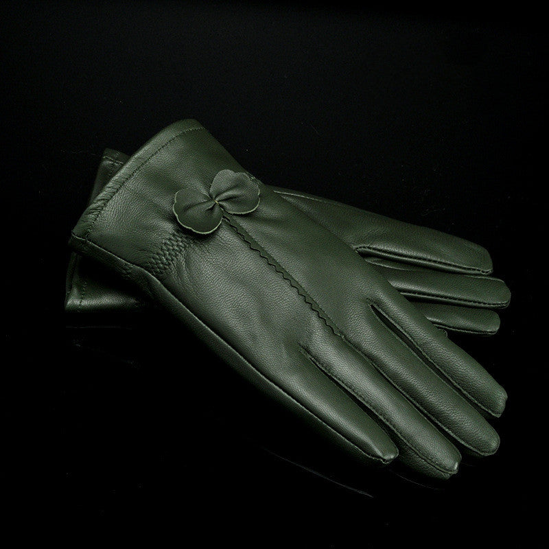 Bow-Trim Leather-Look Winter Gloves