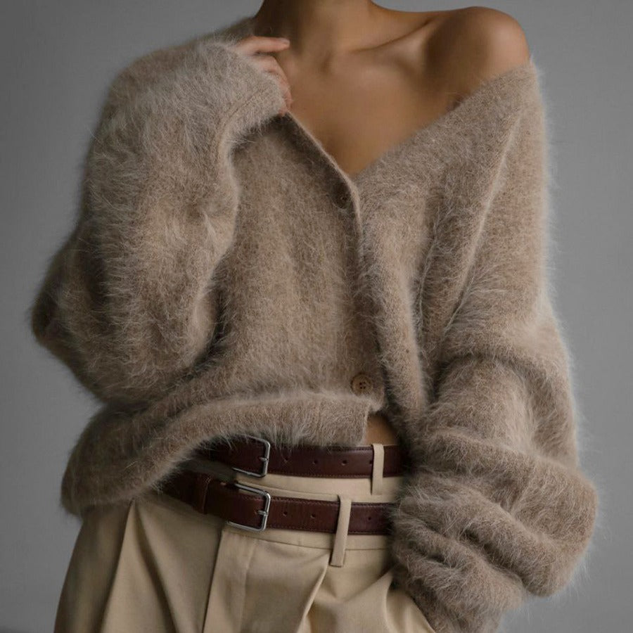 Fuzzy Oversized V-Neck Button Cardigan