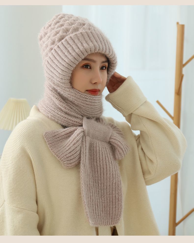 Fleece-Lined Knit Hooded Hat and Scarf