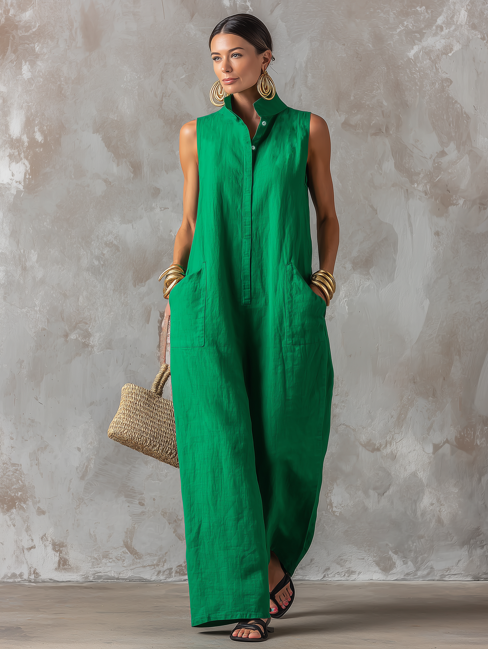 Stand-Collar Sleeveless Wide-Leg Jumpsuit