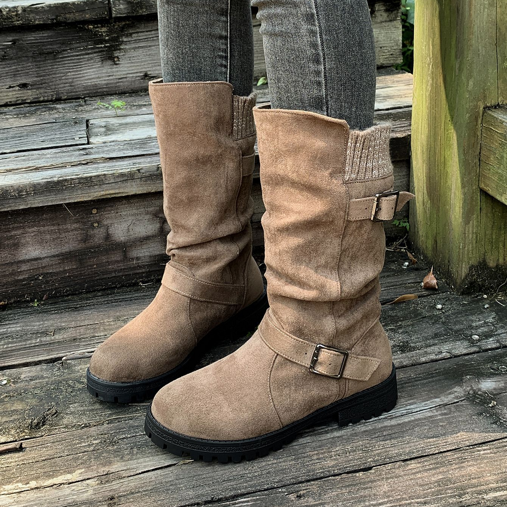 Slouchy Buckle Mid-Calf Boots with Knit Cuff