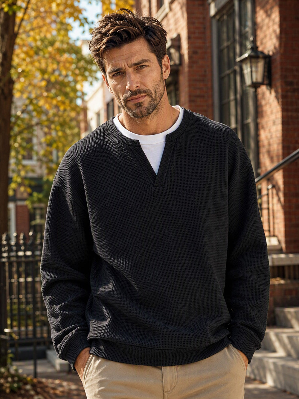 Men's Layered-Look Waffle Knit Long Sleeve
