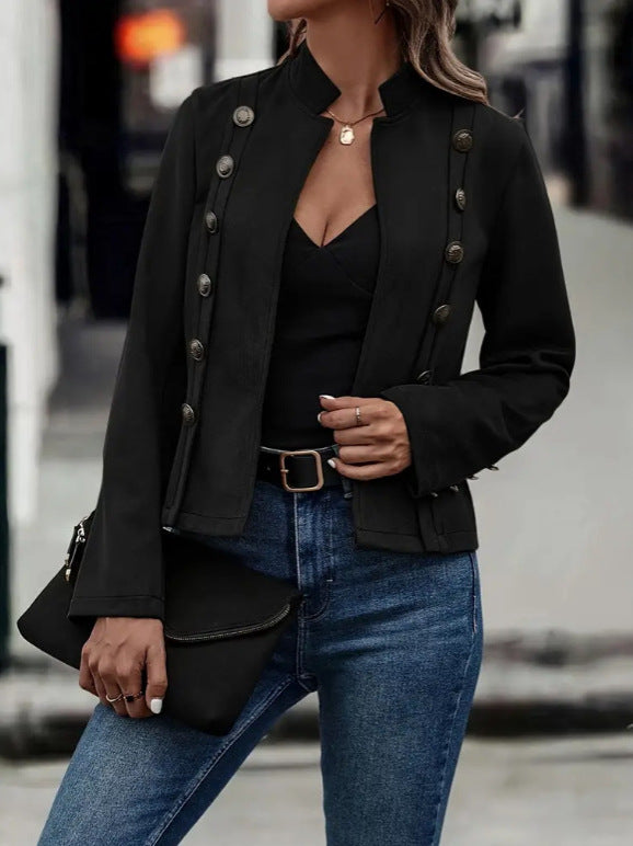 Suede-Look Military Button Cropped Jacket