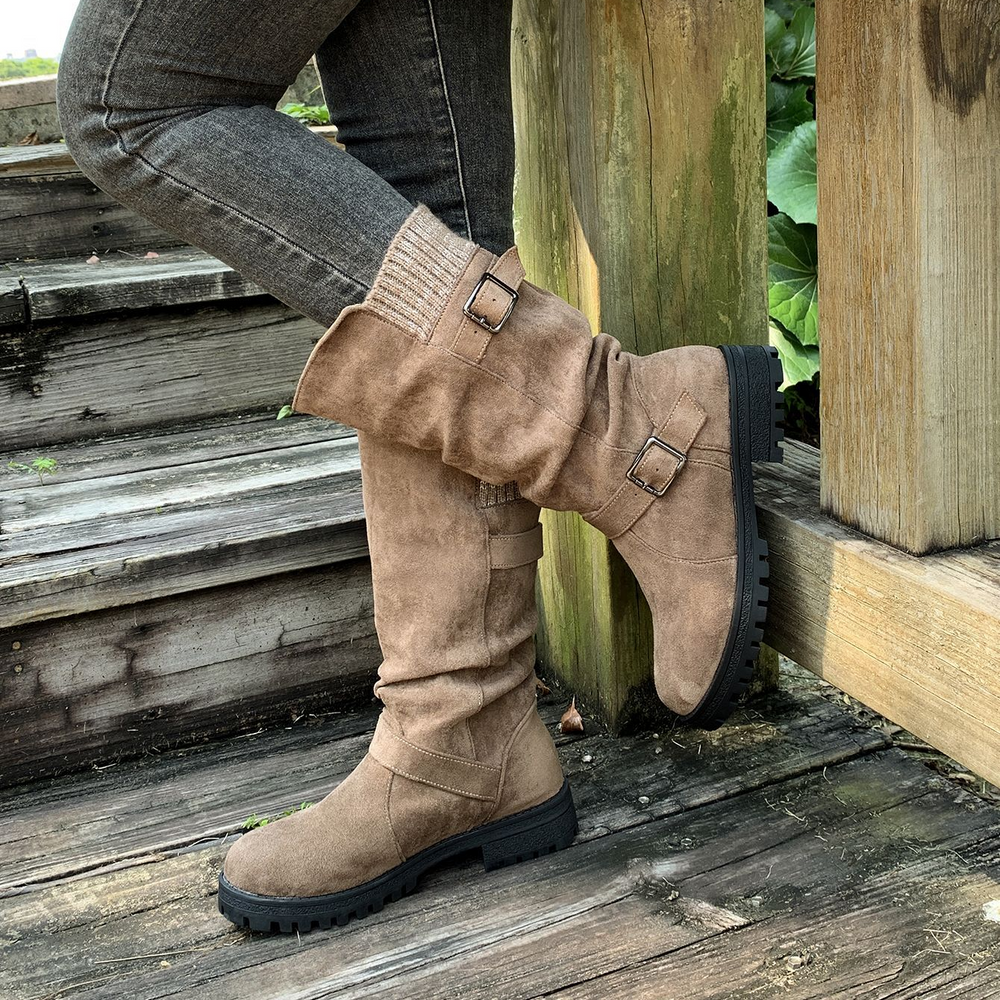 Slouchy Buckle Mid-Calf Boots with Knit Cuff