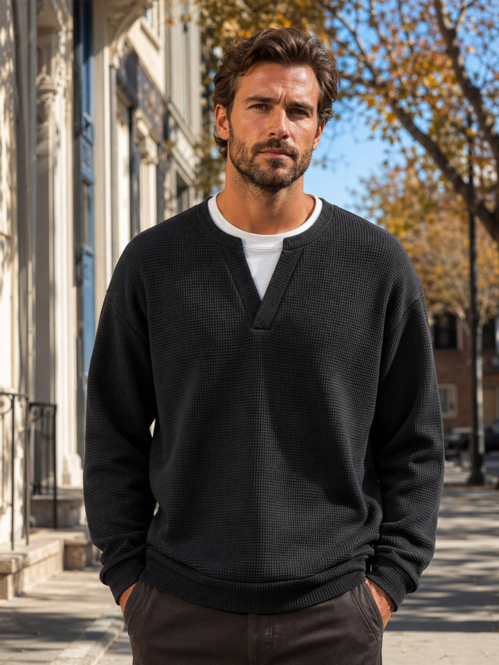 Men's Layered-Look Waffle Knit Long Sleeve