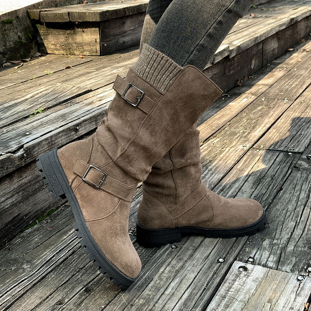 Slouchy Buckle Mid-Calf Boots with Knit Cuff