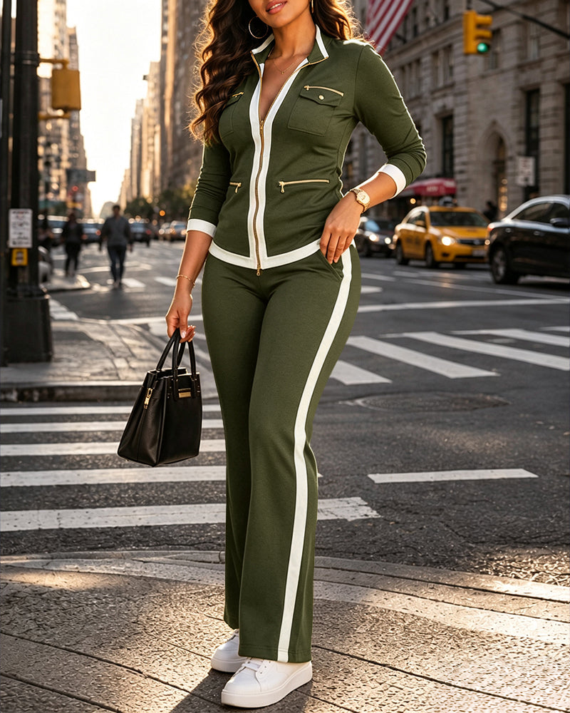 Contrast-Trim Zip Jacket & Flare Pant Set