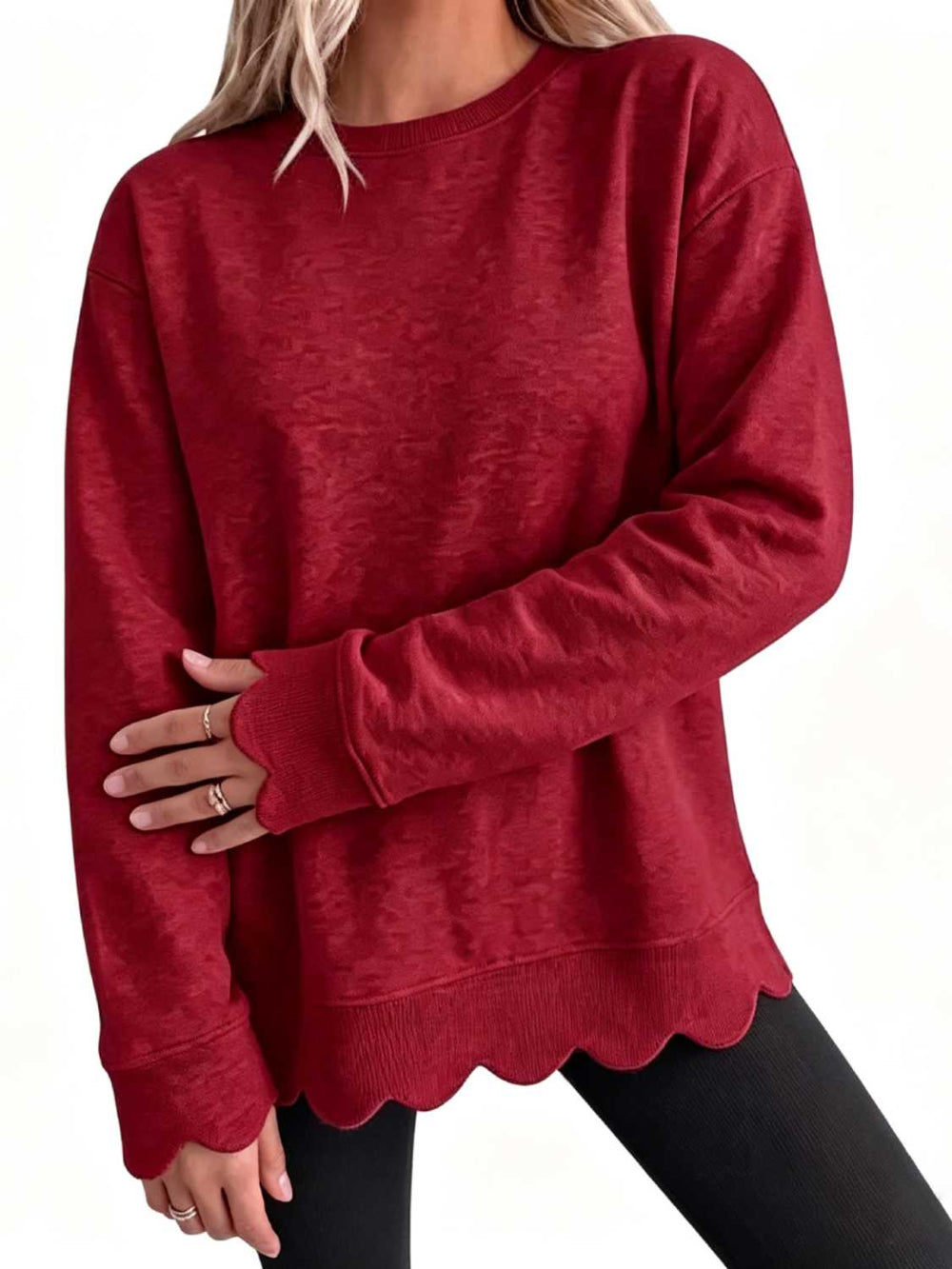 Scallop-Hem Oversized Crew Sweatshirt