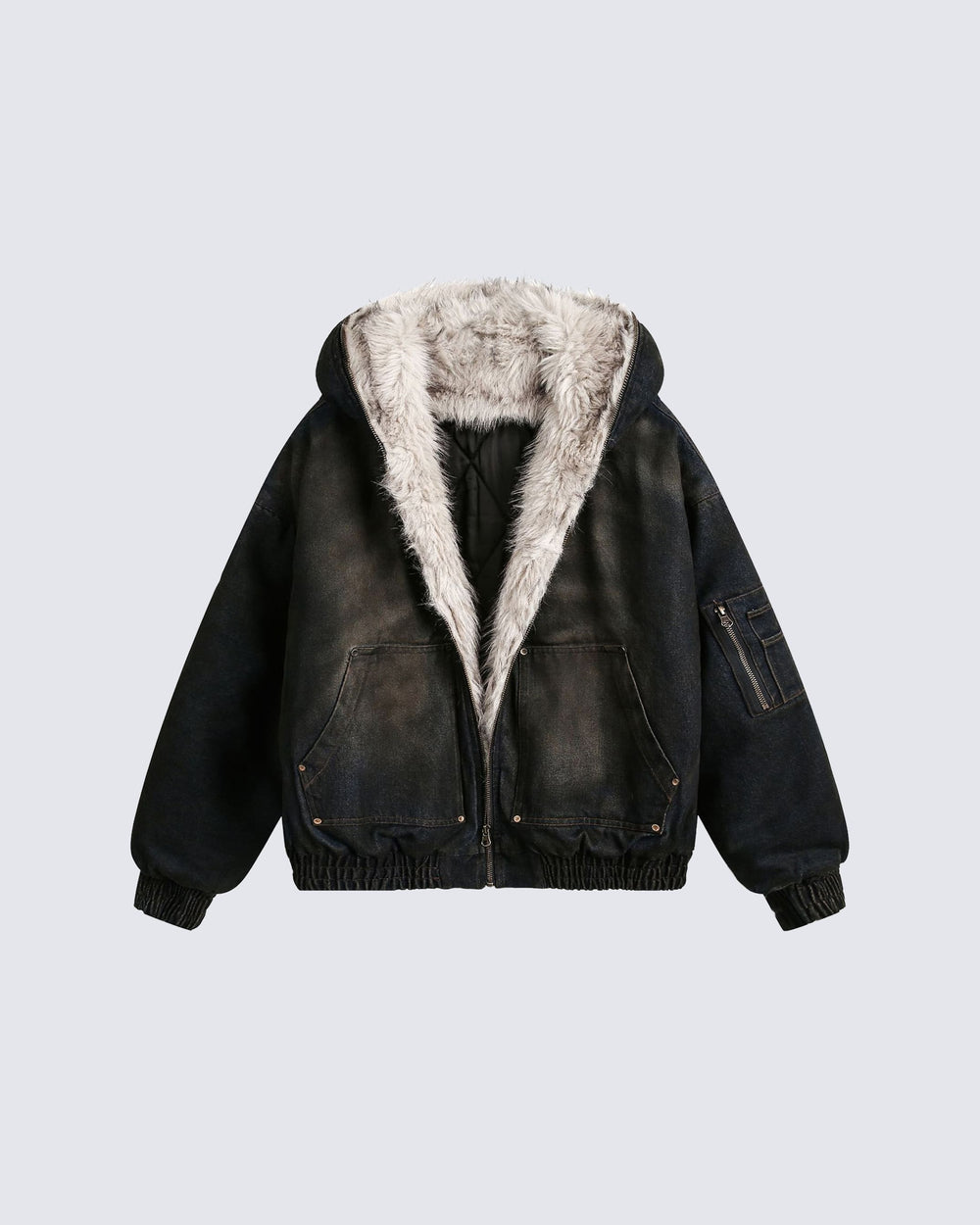 Washed Bomber Jacket with Faux Fur Hood