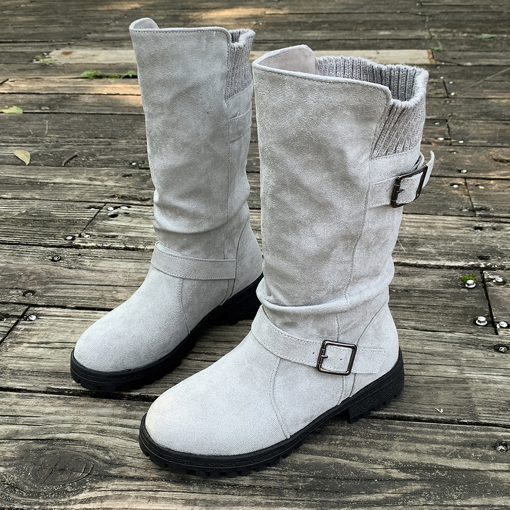 Slouchy Buckle Mid-Calf Boots with Knit Cuff