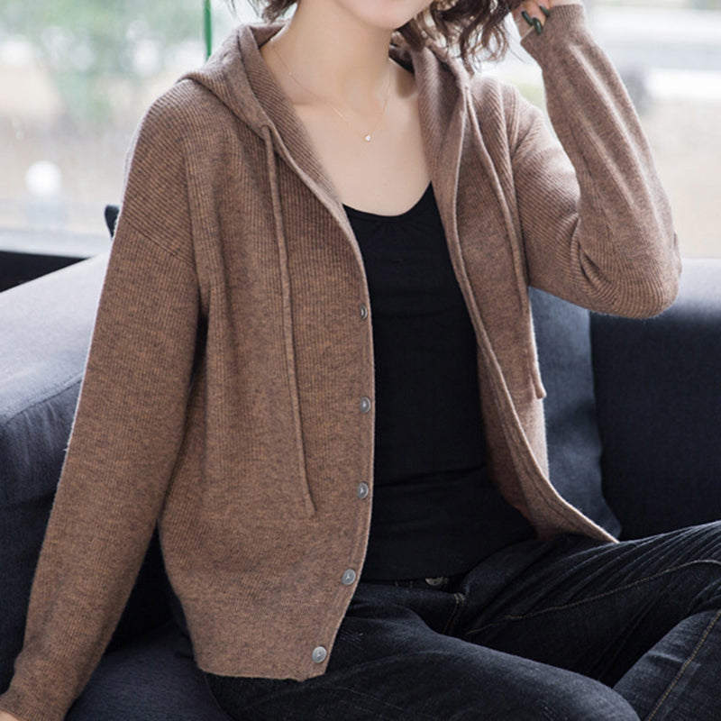 Hooded Button-Front Knit Cardigan