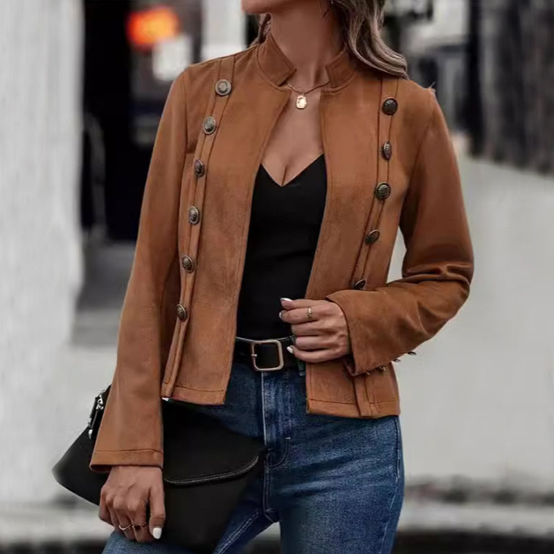 Suede-Look Military Button Cropped Jacket