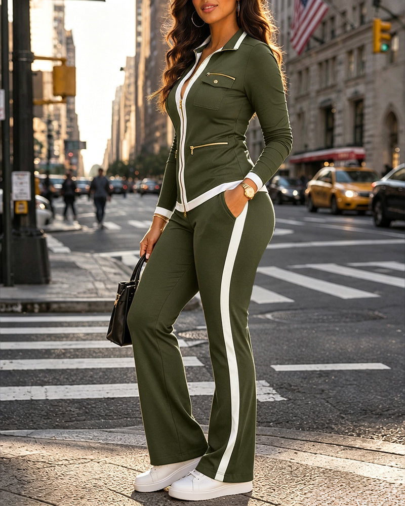 Contrast-Trim Zip Jacket & Flare Pant Set