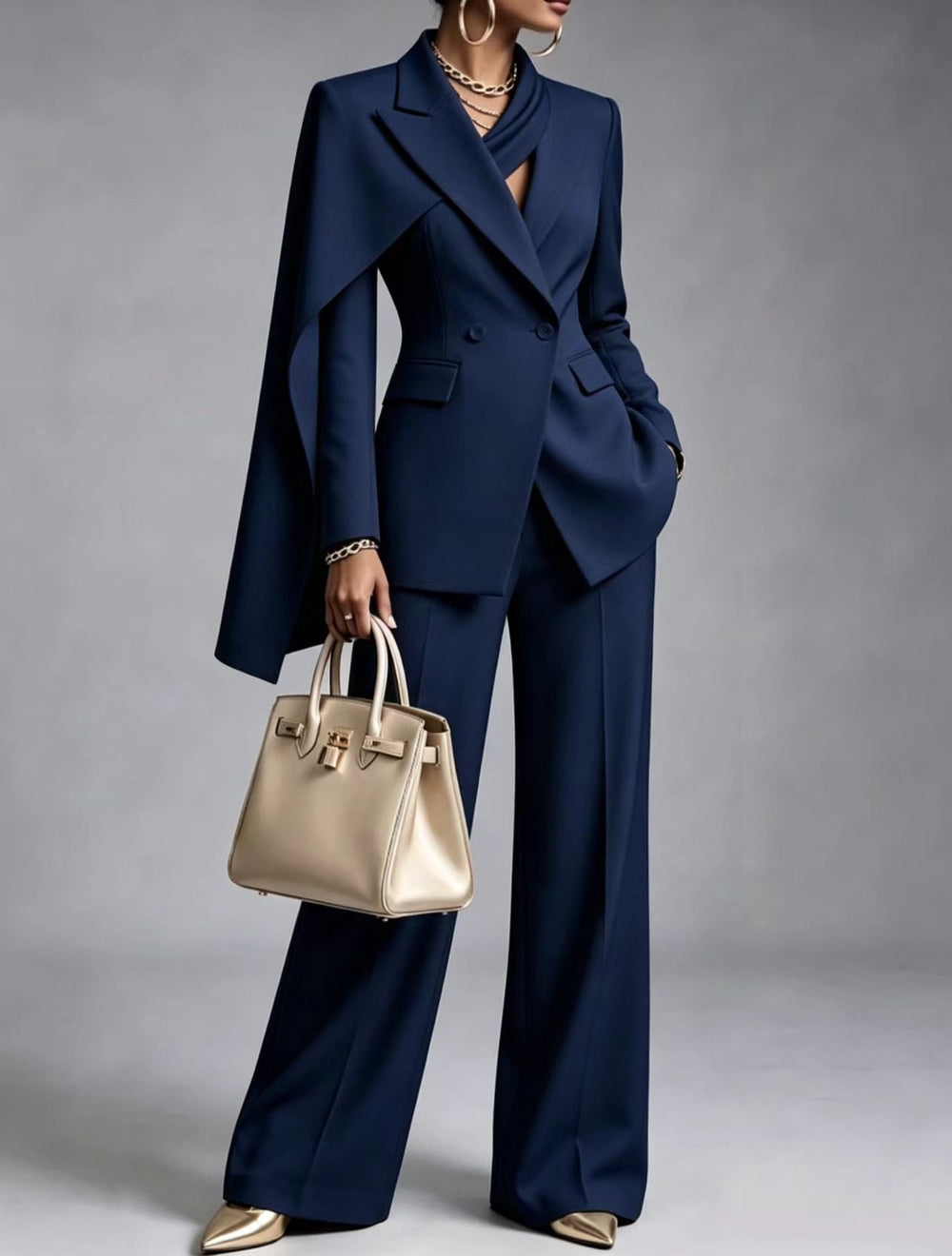 Cape-Sleeve Blazer and Wide-Leg Pants Suit Set