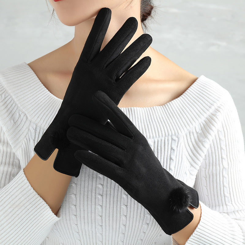 Faux Suede Winter Gloves with Pom-Pom or Plush Cuff