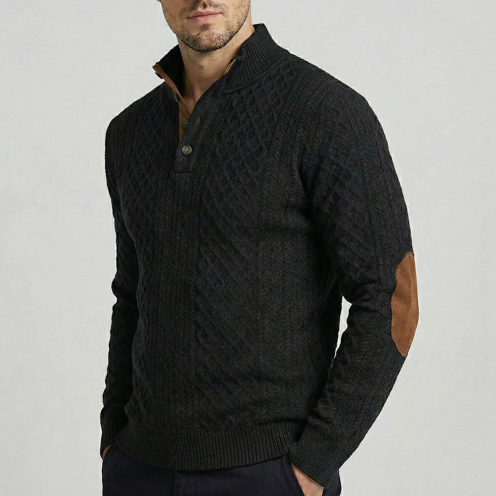 Men's Elbow-Patch Button Mock Neck Sweater