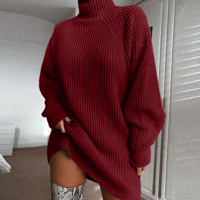Oversized Turtleneck Ribbed Knit Sweater Dress