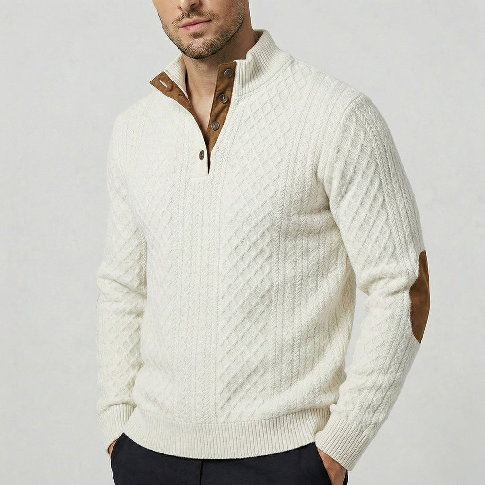 Men's Elbow-Patch Button Mock Neck Sweater