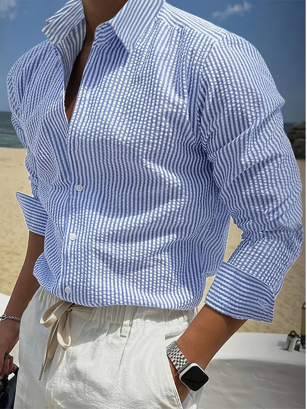 Men's Striped Seersucker Long Sleeve Shirt