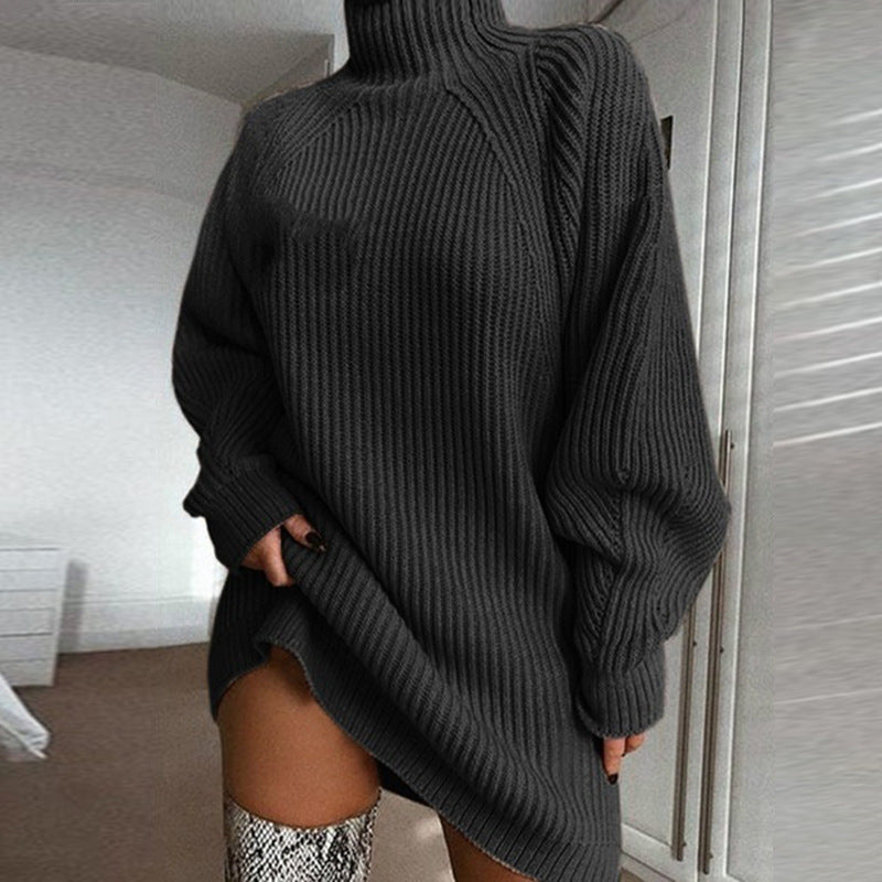 Oversized Turtleneck Ribbed Knit Sweater Dress