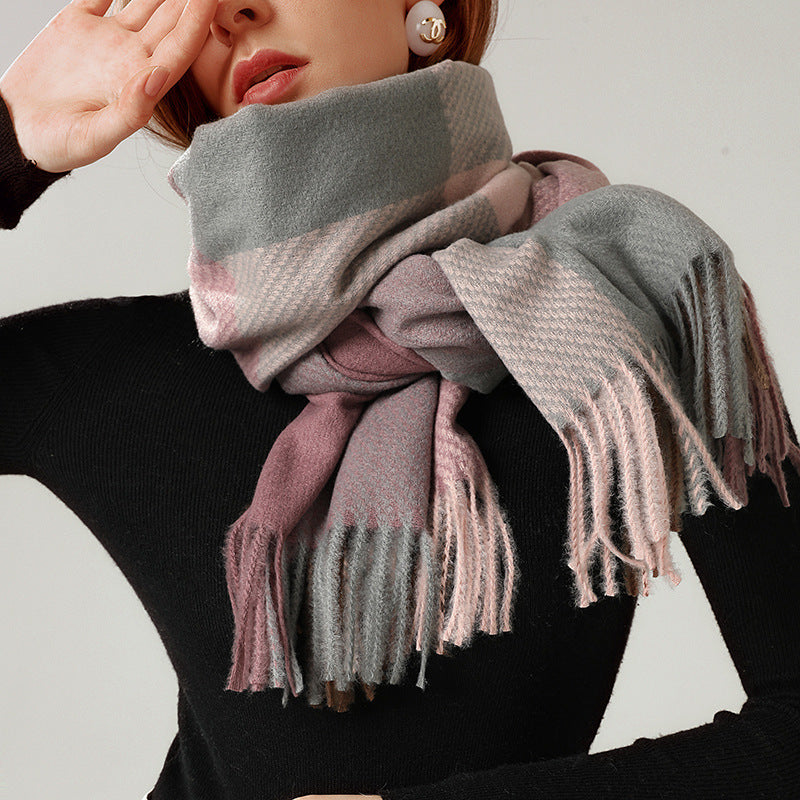 Color-Block Plaid Fringe Blanket Scarf