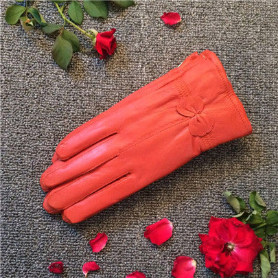 Bow-Trim Leather-Look Winter Gloves