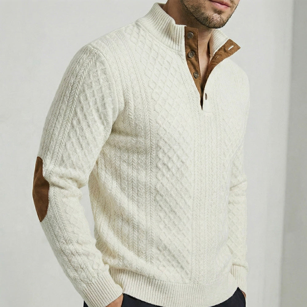 Men's Elbow-Patch Button Mock Neck Sweater