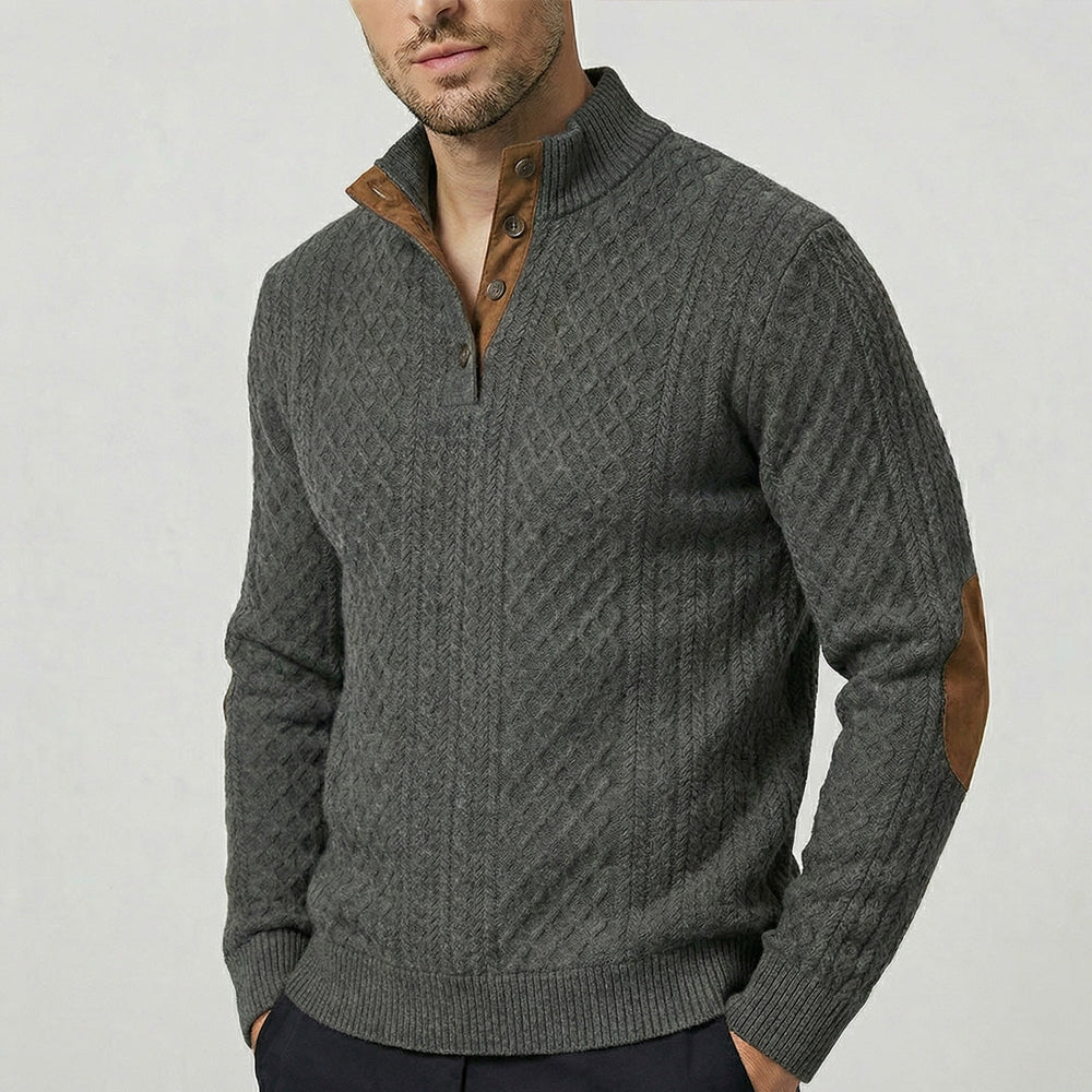 Men's Elbow-Patch Button Mock Neck Sweater